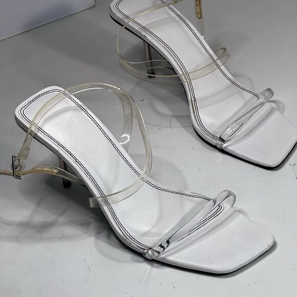 ASOS Design White Square Toe Stilleto Heel Invisible Strap Shoes ,Chrome heels - Picture 12 of 13